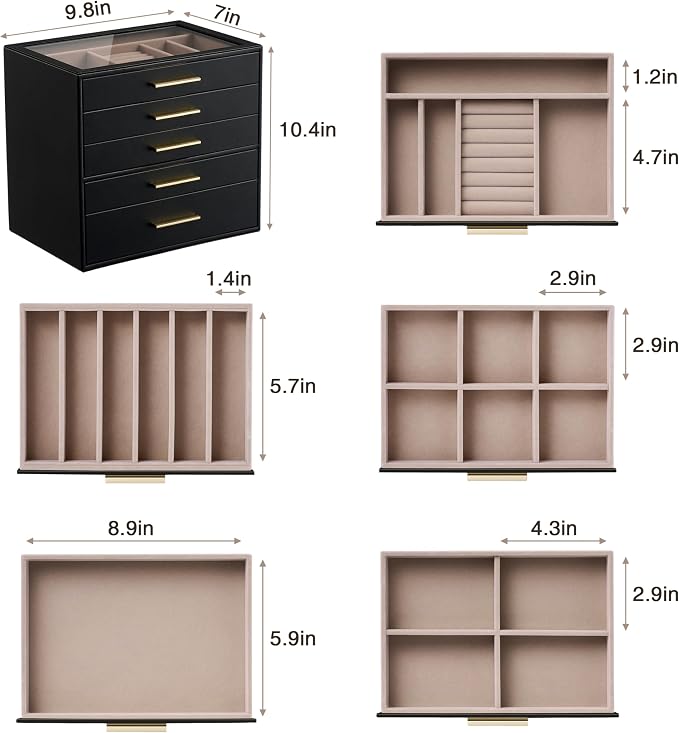 pickpiff Jewelry Box Organizer Case for Women: 5-Layer Jewelry Storage Case with Glass Window, Black Leather with Blush Velvet, Holder for Ring Necklace Bracelet Brooch Watch, Great Gift for Her