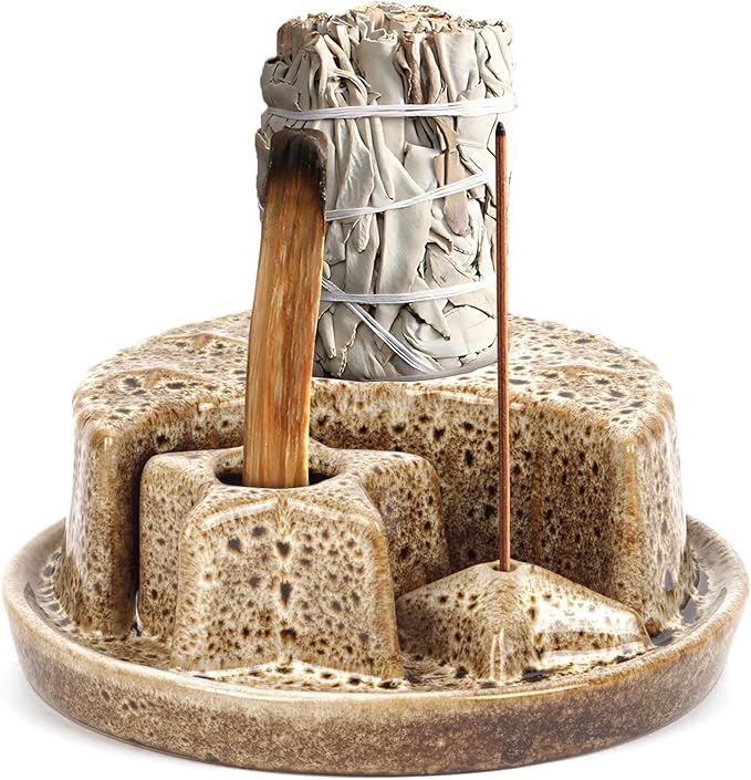 4 in 1 Incense Holder, Palo Santo Holder, Ceramic Incense Burner, Ash Catcher Tray for Meditation Room, Candle Holder for Burning Sage (Speckled Beige)