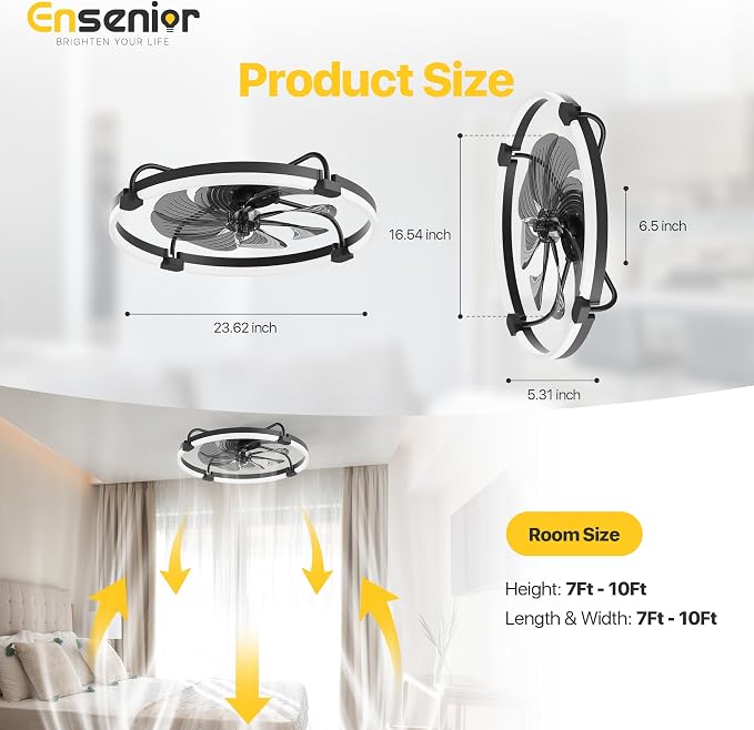 Ensenior Ceiling Fans with Lights and Remote, 24" Low Profile Ceiling Fan Flush Mount, APP Control, 6 Speed, 3CCT, Quiet Reversible DC Motor, Dimmable Modern Ceiling Fan with Light for Bedroom, Black