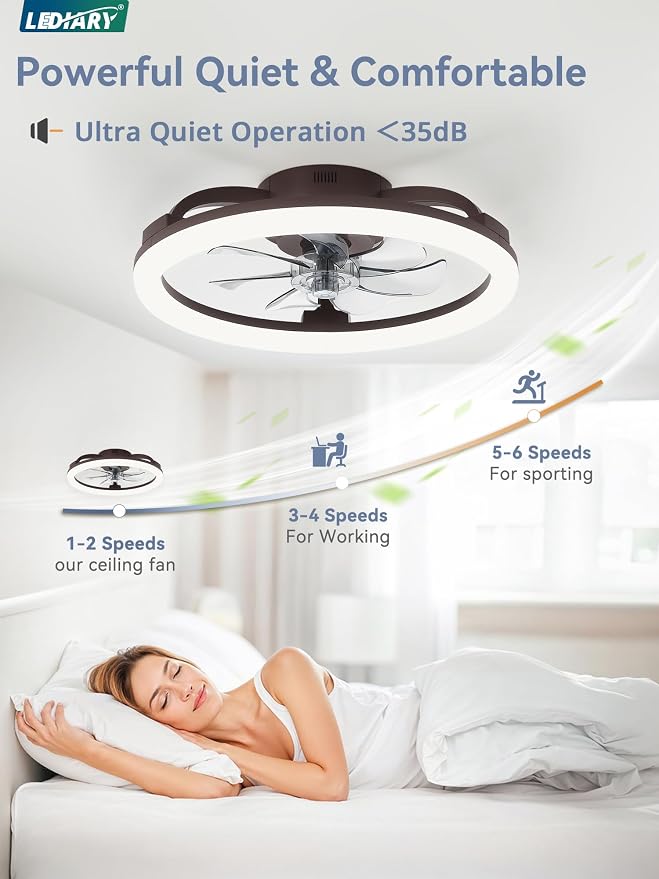 LEDIARY 20 Inch Low Profile Ceiling Fans with Lights and Remote, Dimmable Modern Fan Light(3000K-6000K), 6 Speed, Reversible, APP & Remote Control, Flush Mount Ceiling Fan for Bedroom, Brown