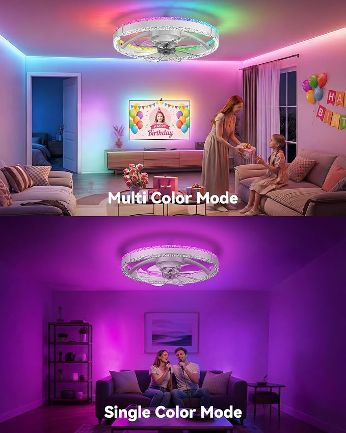 RGB Low Profile Ceiling Fan with Lights,RGB Ceiling Fans with Lights and Remote, 3000-6500K Dimmable Modern Flush Mount LED Fan Lights, 6 Wind Speeds Ceiling Fans for Bedroom