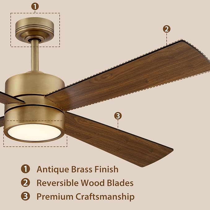 52 Inch Gold Ceiling Fan with Lights and Remote, Modern Ceiling Fan with APP Control, Reversible DC Motor, Dimmable, White & Walnut Blades for Bedroom, Living Room, Dining Room