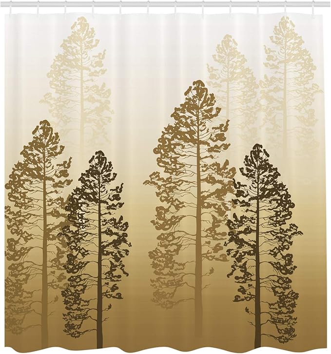 Ambesonne Country Shower Curtain, Pine Trees in The Forest on Foggy Seem Ombre Backdrop Wildlife Adventure Artwork, Cloth Fabric Bathroom Decor Set with Hooks, 69" W x 84" L, Brown Sand