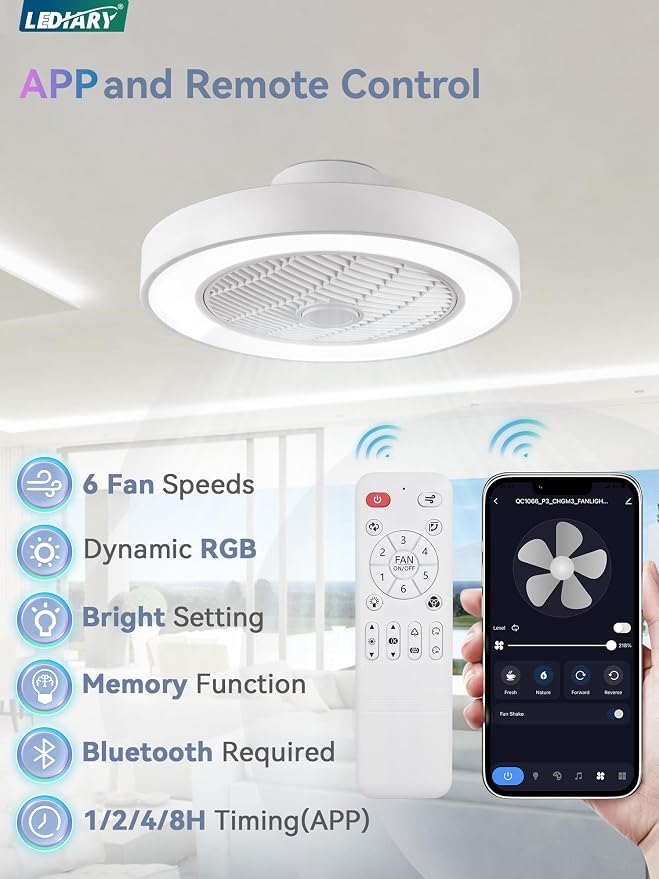 LEDIARY 20 Inch Low Profile Ceiling Fans with Lights, Led Bladeless Ceiling Fan, Remote Control Enclosed Flush Mount Ceiling Fan With Timming, 3000-6000K, 6 Wind Speed, 3000LM, 57W-White RGB