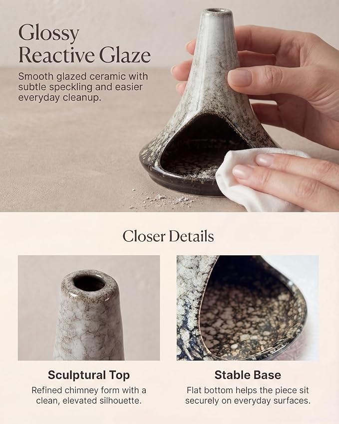 Ceramic Palo Santo Holder & Ash Catcher with Mini Chimney, Incense Holder & Sage Burner, Wabi-Sabi Home Decor for Meditation & Yoga (Ash Stone)