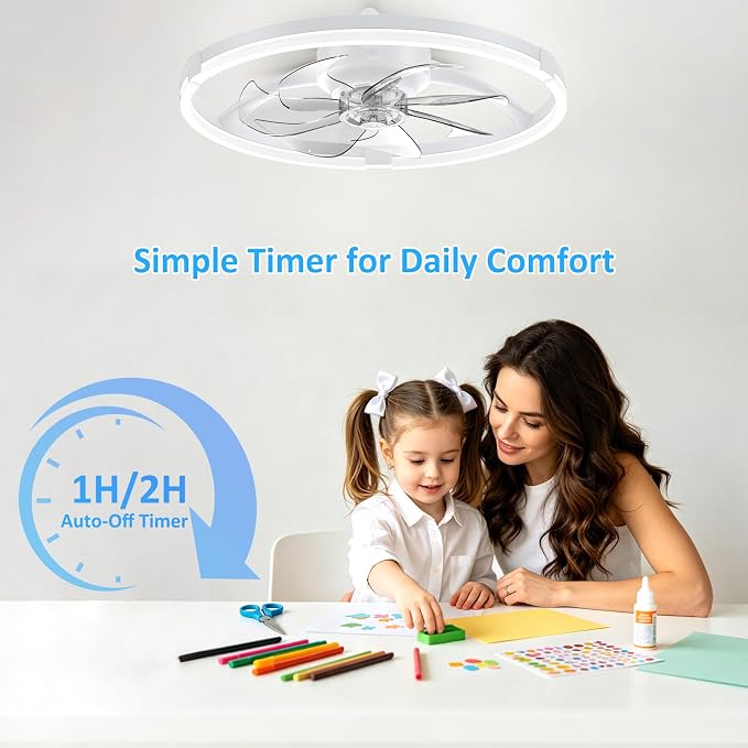 20'' Low Profile Ceiling Fan with Lights, Ceiling Fans with Lights and Remote, 3000-6500K Dimmable Modern Flush Mount LED Fan Lights, 6 Wind Speeds Ceiling Fans for Bedroom