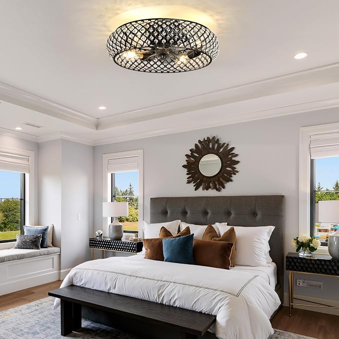 Crystal Caged Ceiling Fan Light: 20" Low Profile Fandelier Ceiling Fan Lights with Remote/Reversible 6 Speeds/Timer, Bladeless Flush Mount Chandelier Ventilador de Techo for Bedroom Living Room