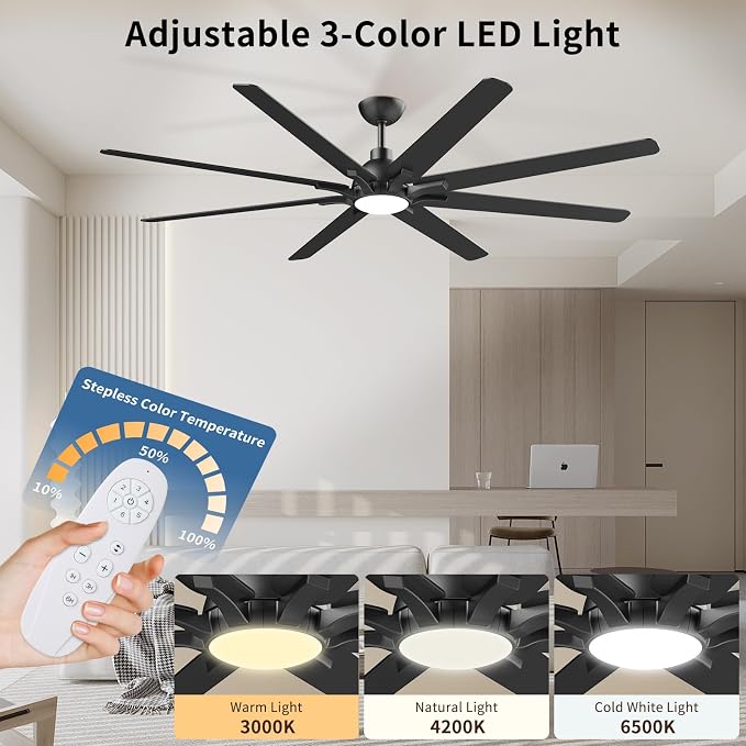 72 Inch Ceiling Fan with Light and Remote Control, Black | 6-Speed Quiet Reversible DC Motor, 3CCT Dimmable LED Light,8 Wood Blades,Used for Living Room, Office,Covered Patio