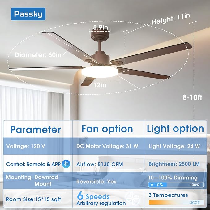 Passky Ceiling Fans with Lights, 60 inch Sleek Ceiling Fan with Light and Remote Control, 3CCT, Dimmable, Reversible, Noiseless, Brown Ceiling Fan for Bedroom, Living Room