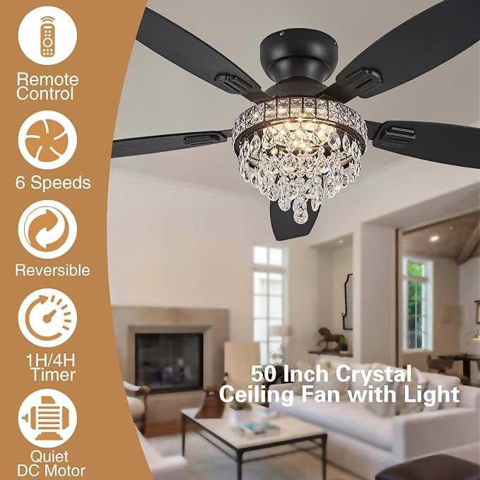 Crystal Ceiling Fan Fandelier with Lights-Ceiling Fans with Lights,50" Low Profile and Remote Control, Flush Mount, Reversible, Dimmable, Noiseless, Black Ceiling Fan for Bedroom