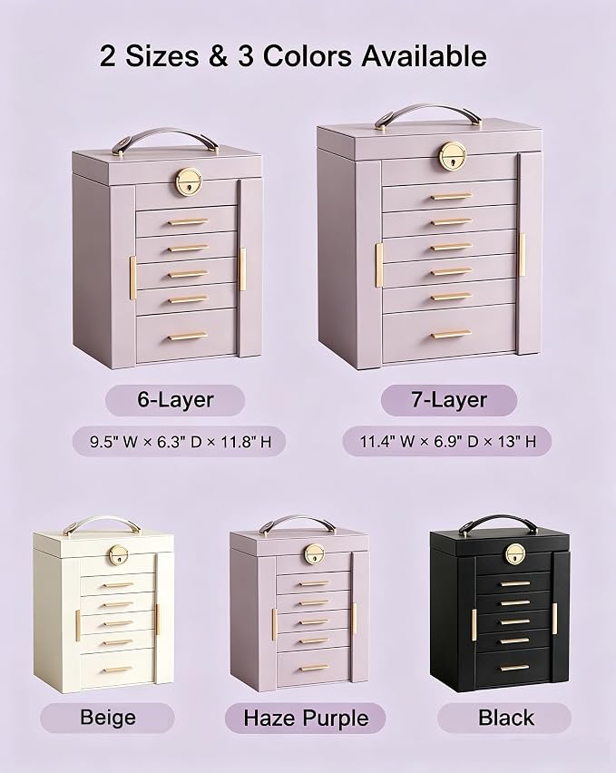 Lolalet Large Jewelry Box Organizer for Women, 7-Layer Jewelry Organizers and Storage Case with Mirror & 6 Drawers, Lockable Watch Ring Earring Bracelet Necklace Holder Girls Gift -7Layer, HazePurple
