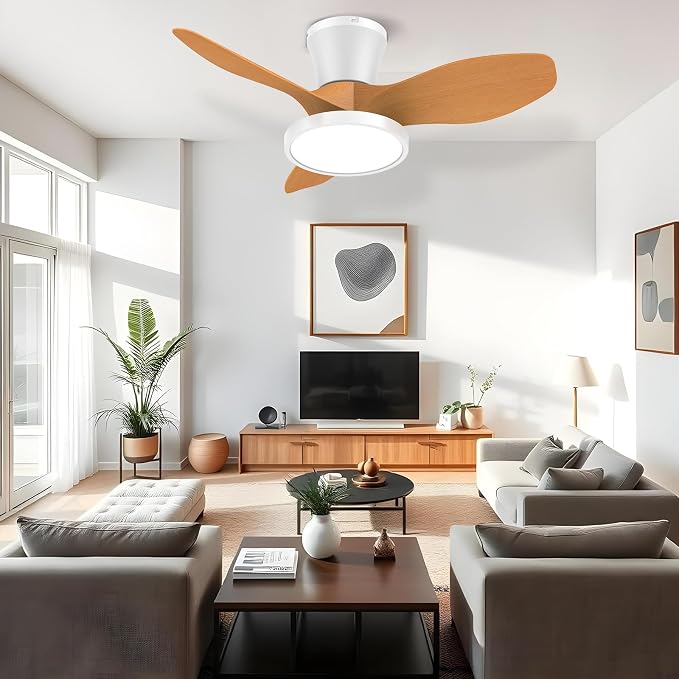 ocioc Quiet Ceiling Fan with LED Light DC motor 32 inch Large Air Volume Remote Control Oak for Kitchen Bedroom Dining room Patio