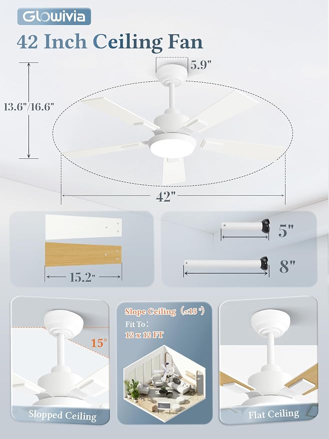42 Inch Ceiling Fans with Lights and Remote&APP Control, White Smart Ceiling Fan with 3000-6000K Dimmable, 6 Speeds Quiet Reversible Motor, Indoor/Outdoor Ceiling Fan for Bedroom Living Room