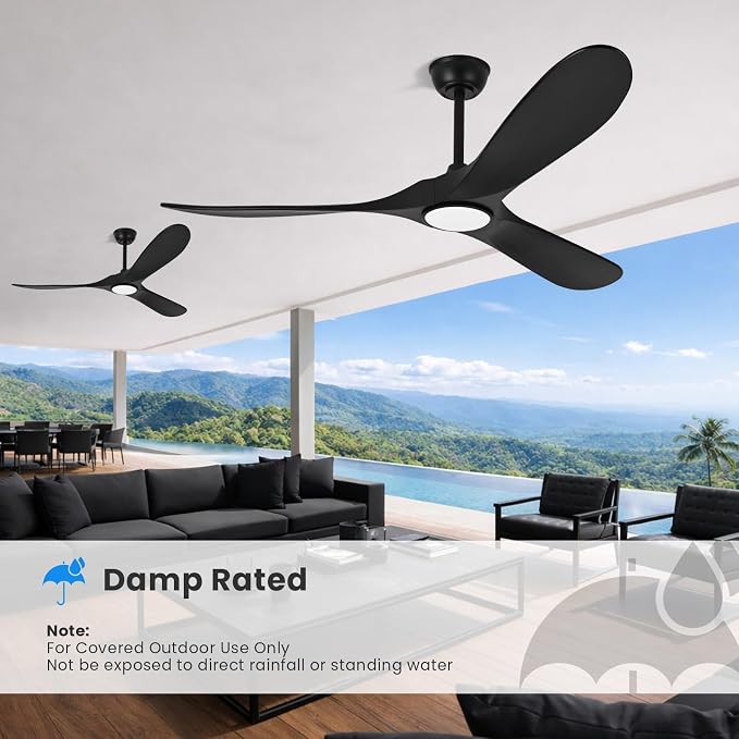 heimo 52 Inch Black Ceiling Fan with Light and Remote, Wood Outdoor Ceiling Fans with Lights Dimmable for Bedroom Living Room Patios Kitchen Modern 3 Blade Propeller Indoor Fan