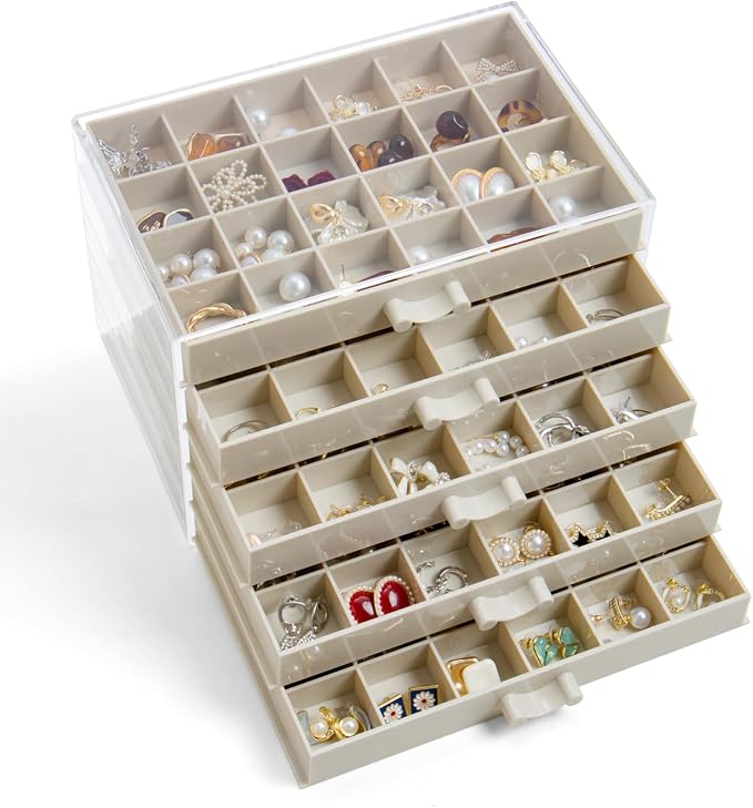 YUFONG Earring Storage Box Organizer, Acrylic Jewelry Storage Box Holder 5 Drawers Transparent Jewelry Display Stand with 120 Small Compartments Gift Boxes for Women Girls (Beige)