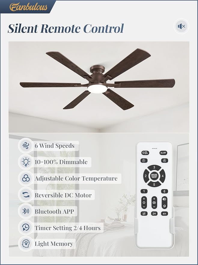 Fanbulous 60 Inch Ceiling Fan with Lights, APP & Remote Control, Flush Mount Low Profile Bronze Ceiling Fan, 3000-6000K Dimmable LED, Quiet Reversible Motor, 6 Blades, 6 Speeds,for Living Room Bedroom