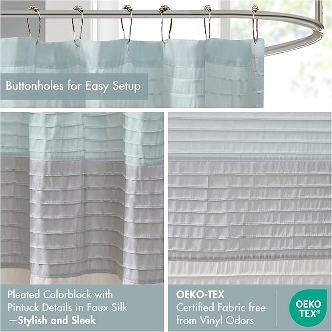 Madison Park Amherst Bathroom Shower Curtain Faux Silk Pieced Striped Modern Microfiber Bath Curtains, 72x72 Inches, Aqua