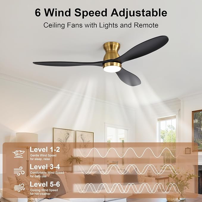 52 Inch Black Ceiling Fan with Light and Remote & APP Control, 3 Wooden Blades, 6 Wind Speeds, Quiet DC Motor, Indoor Low Profile Ceiling Fan for Bedroom Living Room Farmhouse Patio