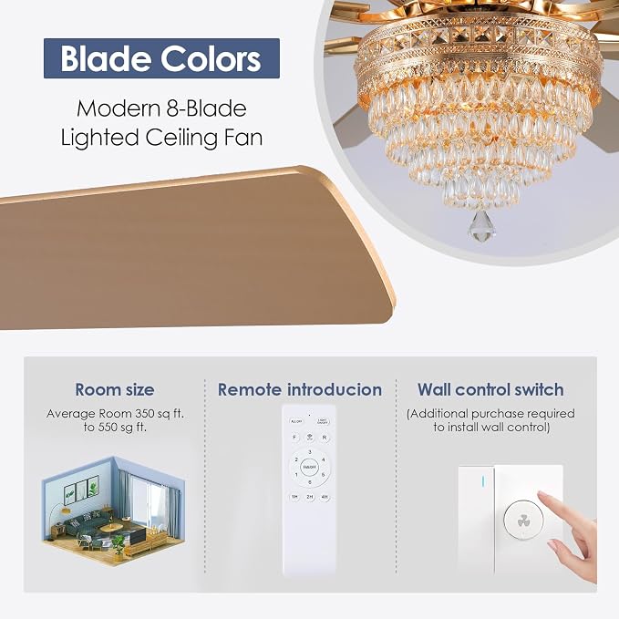 72"Large Golden Crystal Chandelier Ceiling Fans with Lights and Remote/APP | Supports Remote and APP,Reversible 6 Wind Speeds,60W Quiet AC Motor,8 Wooden Blades,4*E12 LED Bulbs Included,for Living Room