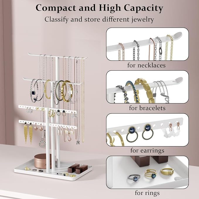 pickpiff White Jewelry Organizer: 12.5" Sturdy Stand for 80 Pcs Jewelry
