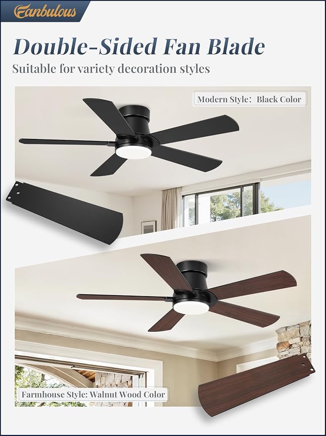 Fanbulous 42” Ceiling Fans with Lights and Remote, Flush Mount Ceiling Fan | Low Profile,Black Modern Ceiling Fan with LED Light, 5 Blades, 3CCT, 6 Speeds,Timer,Bedroom, Indoor, Outdoor,Living room