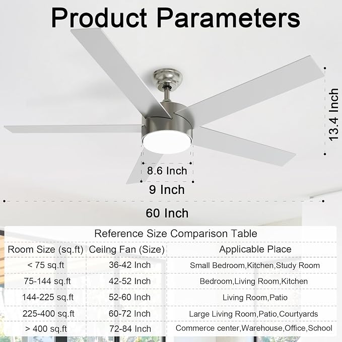 POCHFAN 60 Inch Brushed Nickel Ceiling Fans with Lights and Remote Control, Quiet Modern Ceiling Fan for Bedroom, Living Room,Dining Room,Dimmable 3-Color Temperatures 6-Speed