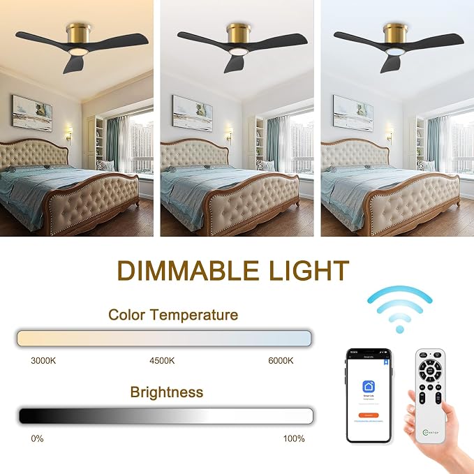 OFANTOP 52 Inch Flush Mount Smart Black Gold Ceiling Fan with Light Remote | Whisper-Quiet & Powerful Airflow, 3-Color Dimmable LED with Memory, Reversible Motor, Timer, for Bedroom Living Room
