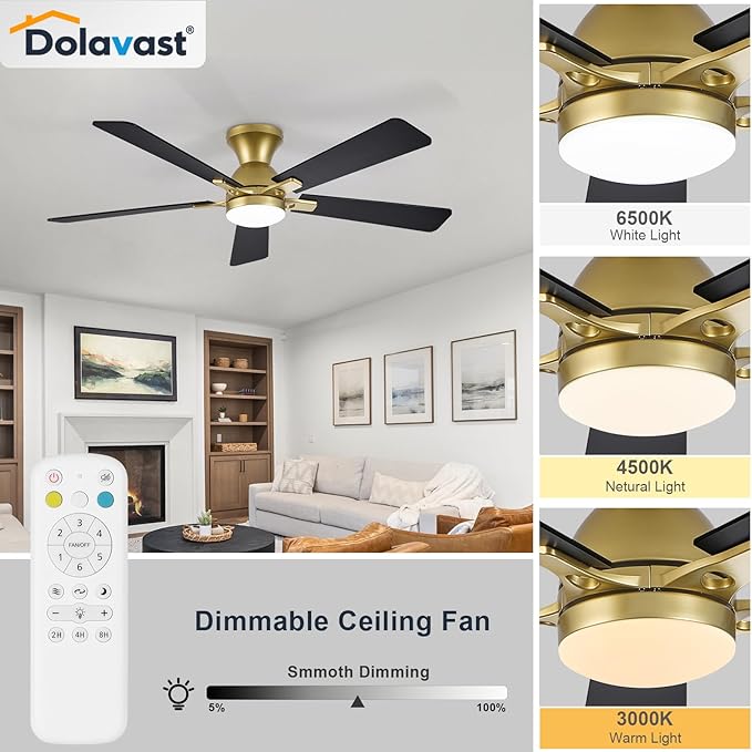 Ceiling Fans with Lights, 52 Inch Low Profile Ceiling Fan with Light and Remote Control, Flush Mount, Reversible, 3CCT, Dimmable LED, Quiet, Gold Ceiling Fan for Bedroom, Living Room