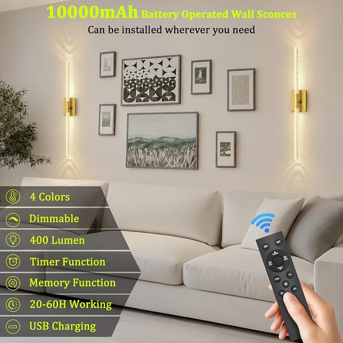 iThird Crystal Bubble Gold Wall Sconces Set of 2: 10000mAh Rechargeable Wireless Lights with Remote & 360° Rotate, 4 Color Temps Dimmable, 31" Lamp Decor for Bedroom Living Room Mirror