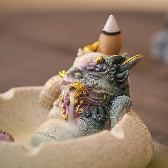 Pixiu Backflow Incense Burner with Ashtray, Mythical Beast Resin Incense Holder & Wealth Guardian Statue, Waterfall Smoke Effect Decor for Desk, Home Office Zen Gift