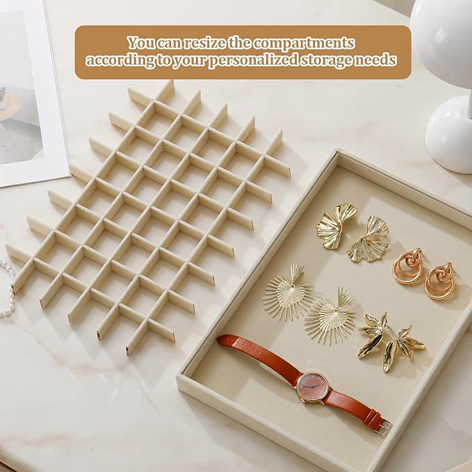 Large Velvet Jewelry Tray Display Drawer Inserts 2 Pack | Stackable Jewelry Organizer for Earring Bracelet Necklace Ring (Beige, 48 Grids)