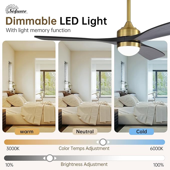 Sofucor 52" Solid Wood Ceiling Fan Lights, Flush Mount & Downrod Mount Ceiling Fan with Lights and Remote, Wood Blades Modern Outdoor Ceiling Fans for Bedroom/Farmhouse/Patio/Indoor