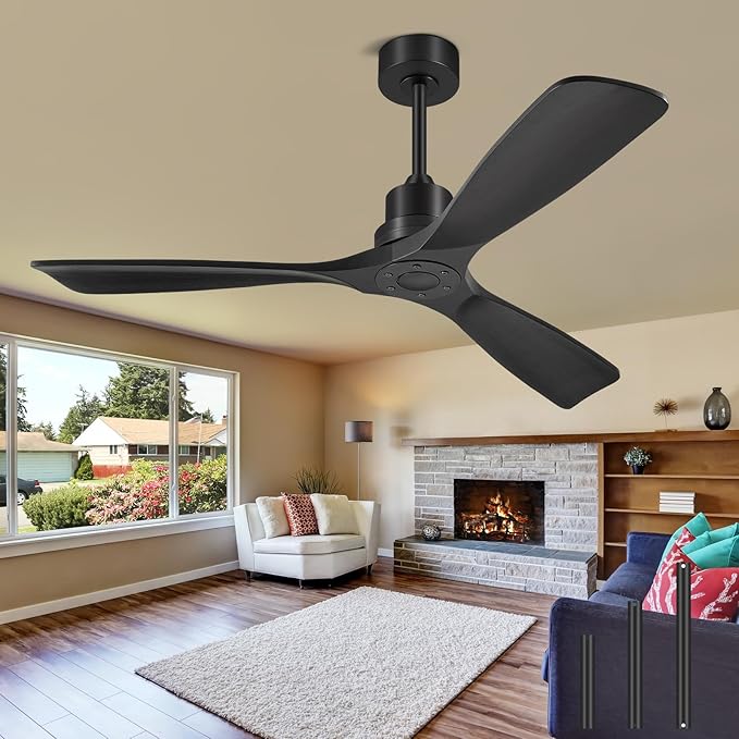 Ceiling Fans With Remote Control, Outdoor Ceiling Fan for Patios Indoor, 3 Downrods, 3 Blades, Timer, 6 Speed Reversible Quiet DC Motor Modern Fan Solid Wood Fan,60in, Matte Black