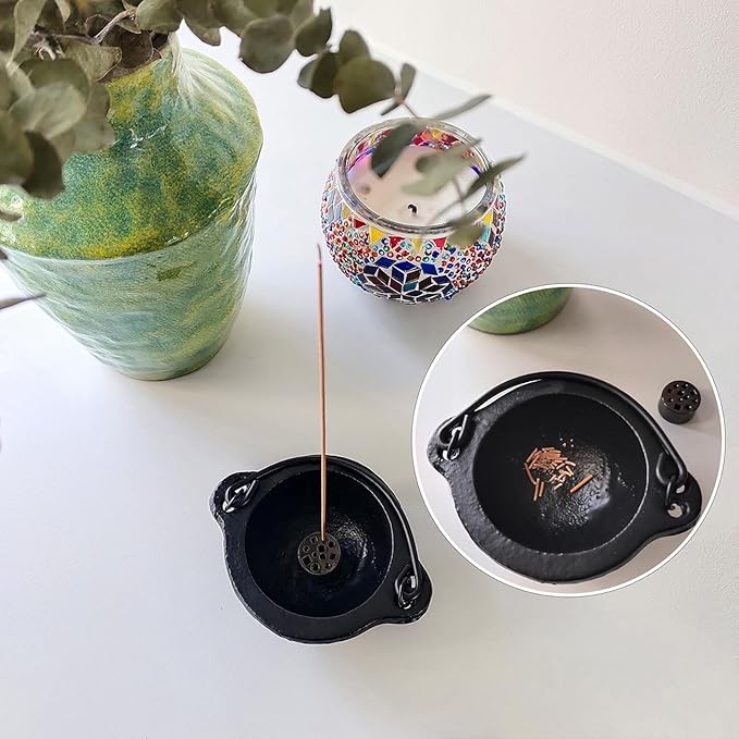 Cast Iron Incense Burner with Travelling Case, 3 Inch Cauldron with Handle and Stick Holder for Smudging, Ritual, Candle, Vintage Home Decor