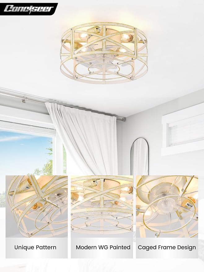 Conciseer 20 Inch Caged Ceiling Fans with Lights and Remote, Flush Mount, Low Profile 7 Blades, 6 Speed Reversible Quiet DC Motor for Bedroom, Kitchen and Living Room, White/Gold Brushed