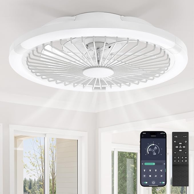 LEDIARY 20" Bladeless Ceiling Fan with Light,Low Profile LED Ceiling Fans with Remote & Smart APP Control,Modern Enclosed Flush Mount Fandelier with Timming,6 Speed,3000-6000K,Bedroom,Kids Room-White