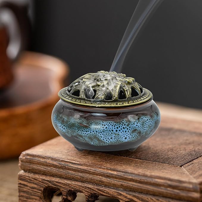 Ceramic Incense Burner with Lid, Incense Holder for Sticks Incense Cone Holder with Brass Incense Stick Holder for Yoga Meditation Home Decor (Fambe Blue)
