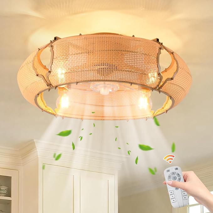 Ganeed 20.86" Boho Caged Ceiling Fan with Lights and Remote, Flush Mount Low Profile Rattan Ceiling Fans with Lights, Enclosed 6 Speeds Farmhouse Woven Ceiling Fan for Bedroom, Living Room, Kitchen