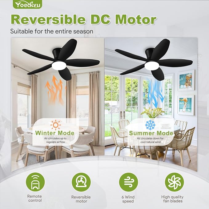 Ceiling Fans with Lights - 42 Inch Low Profile Flush Ceiling Fan with Light and Remote Control, Flush Mount, 6-Speed, 3CCT, Noiseless,Timer, Black Ceiling Fans for Bedroom Indoor/Outdoor Use