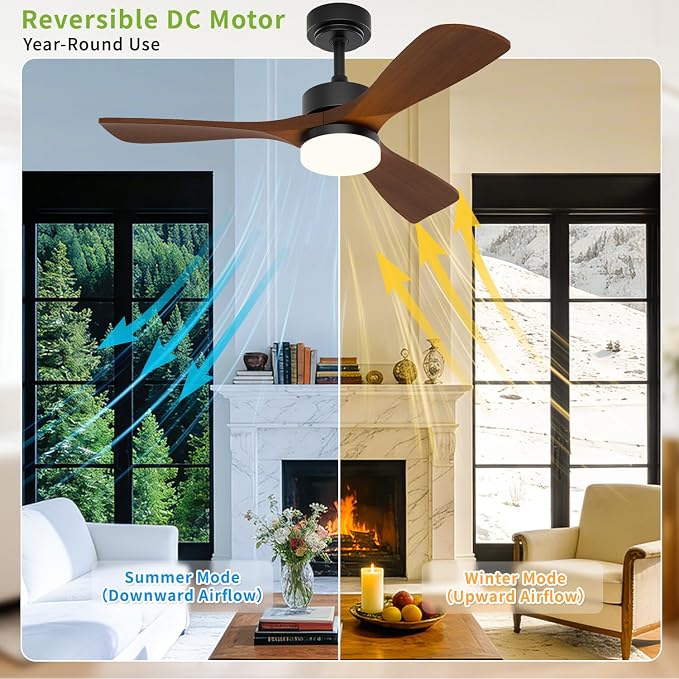 42 Inch Ceiling Fans with Lights and Remote Control, Walnut Ceiling Fan with Light for Bedroom, Living Room, Covered Outdoor, 6 Speeds Reversible Noiseless DC Motor, 3CCT, Dimmable LED Light