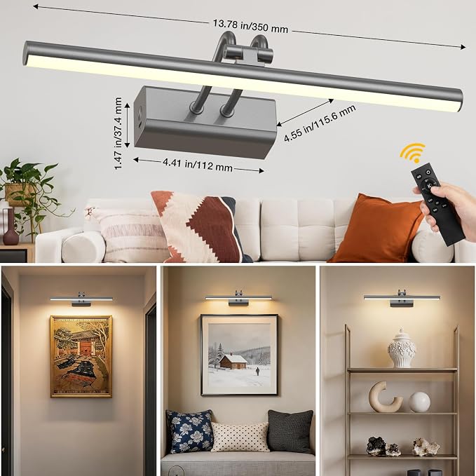 Battery Operated Picture Light for Wall, 4000mAh Cordless Wall Lamp for Painting Photo Artwork , Remote Control, Magnetic for Easy to Charge,Timers, 13.8'' Display for Gallery Living Room Bedroom Grey