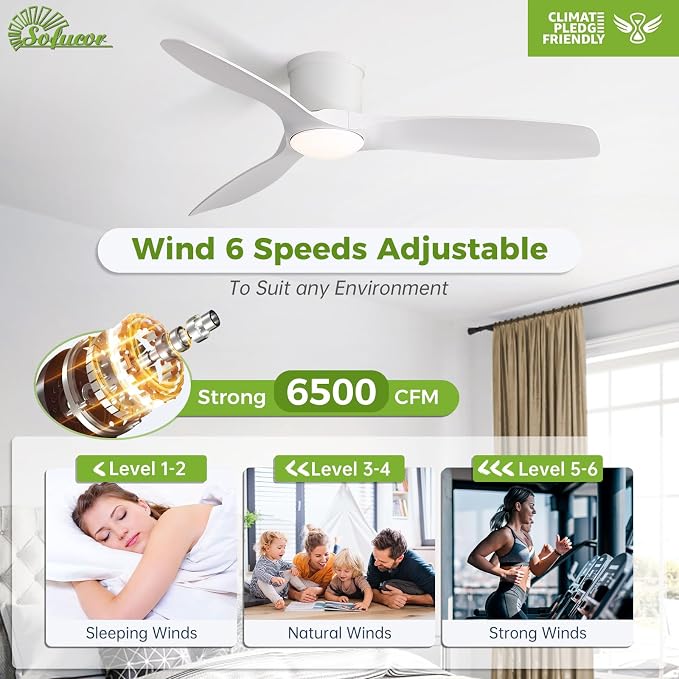 Sofucor 52 Inch Low Profile Ceiling Fans with Lights, Modern Flush Mount Ceiling Fan with 3 Plastic Blades, 6500CFM, Dimmable 6-Speed 3-Timer Reversible DC Motor for Bedroom Living Room, ETL, Brown