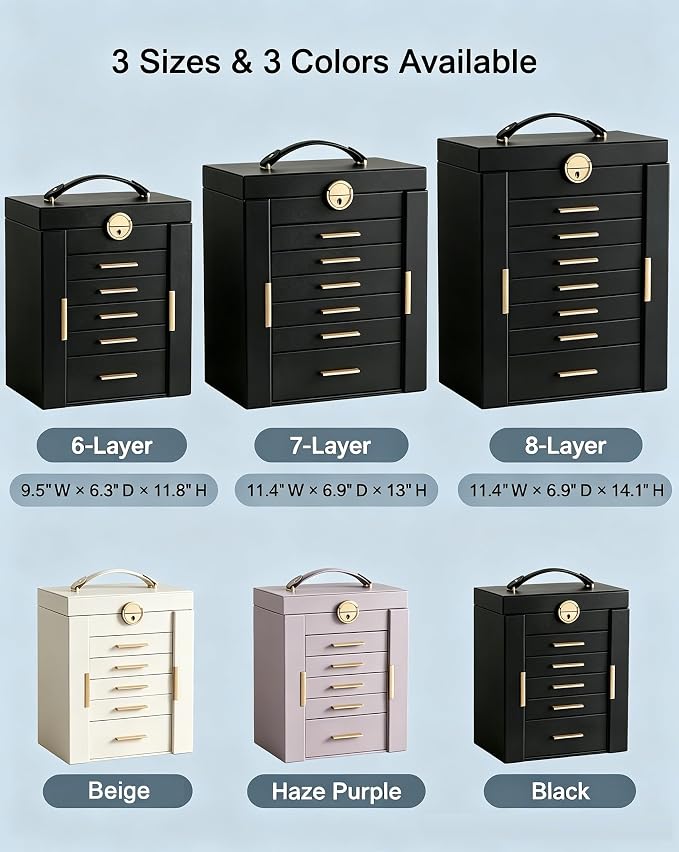 Lolalet Large Jewelry Box Organizer for Women, 6-Layer Jewelry Organizers and Storage Case with Mirror & 5 Drawers, Lockable Watch Ring Earring Bracelet Necklace Holder Girls Gift -6Layer, Black