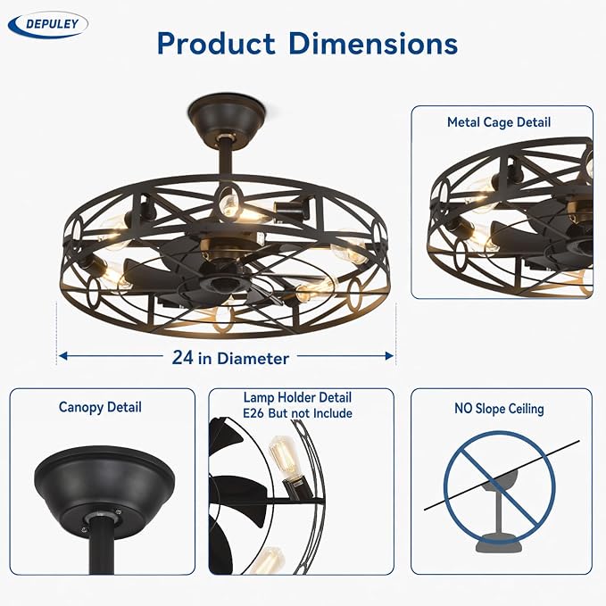 Depuley Caged Ceiling Fans with Light: 24-Inch Black Metal Enclosed Farmhouse Fandelier for Kitchen Bedroom - Industrial Semi Flush Mount Ceiling Fan with Remote 6 Speeds Reversible Motor Timer