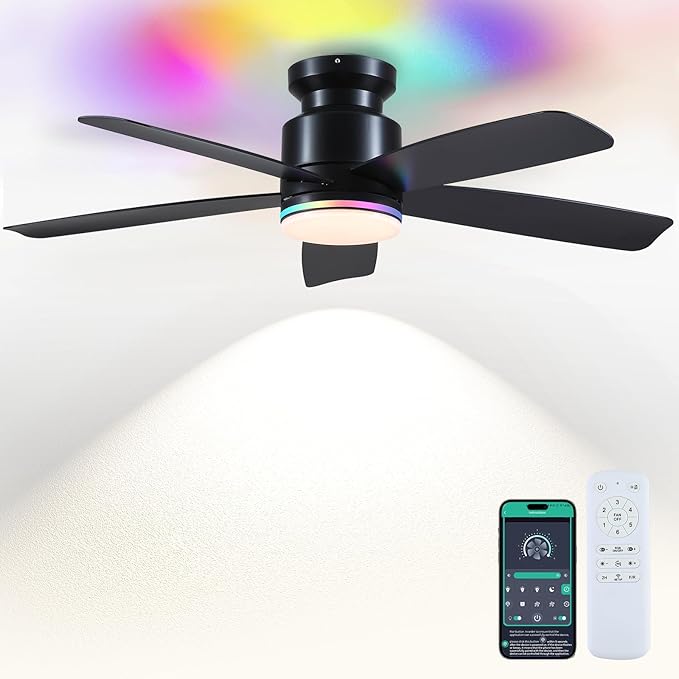 Wiviniya 46 Inch Black Flush Mount Ceiling Fans with Lights, 5 Blades Reversible, 6-Speed 2H Timer, RGB & 3 CCT Dimmable, Remote & APP Control for Bedroom Kidsroom