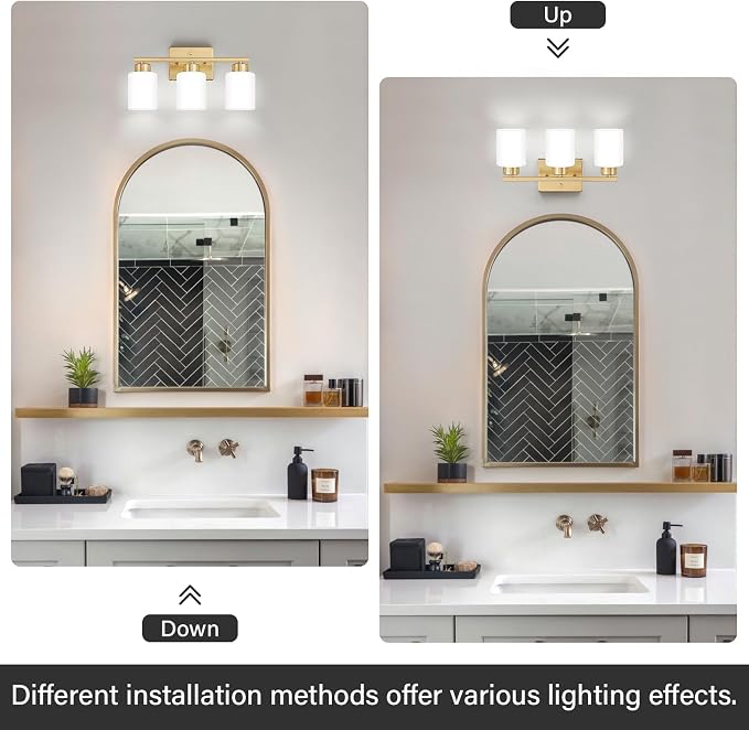 FonmYim Gold Bathroom Light Fixtures, 3-Light Modern Vanity Light Over Mirror, Wall Sconces with Milky White Frosted Glass Shades, E26 Socket (Bulbs Not Included)