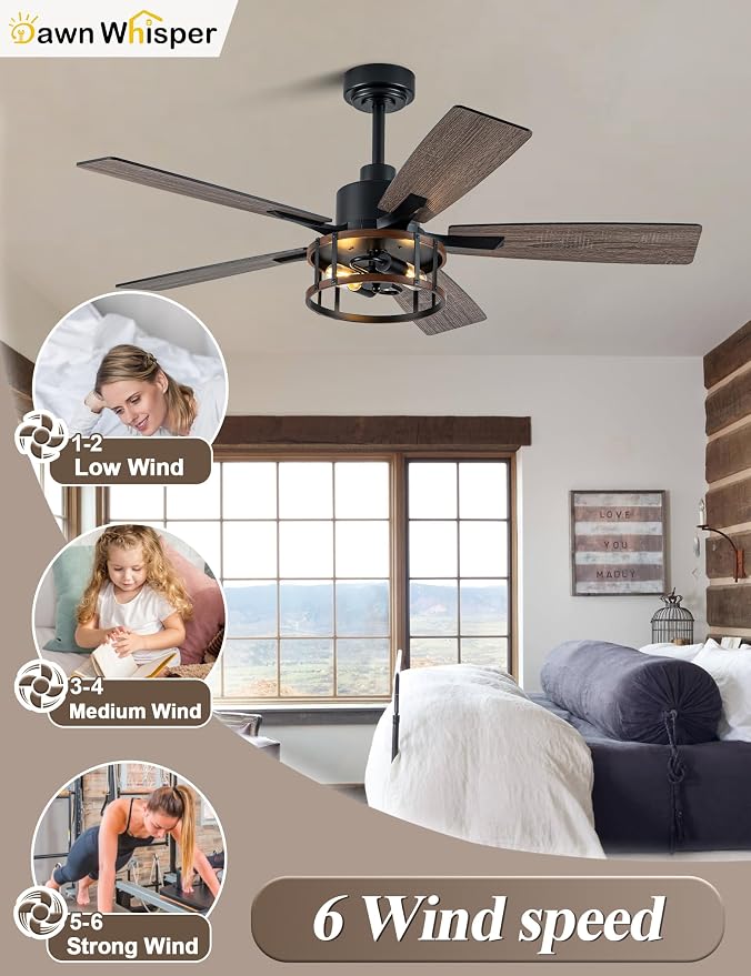 Dawn Whisper Farmhouse Ceiling Fans with Lights 52 Inch Black Caged Rustic Ceiling Fan for Bedroom Living Room and Patio Reversible Quiet DC Motor 6 Speeds