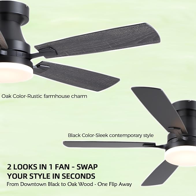 Ceiling Fans with Lights, 48 inch Flush Mount Ceiling Fans with Lights and Remote, Low Profile, Reversible DC Motor, Noiseless, 3CCT, Dimmable LED Ceiling Fan for Bedroom, Living Room, Black