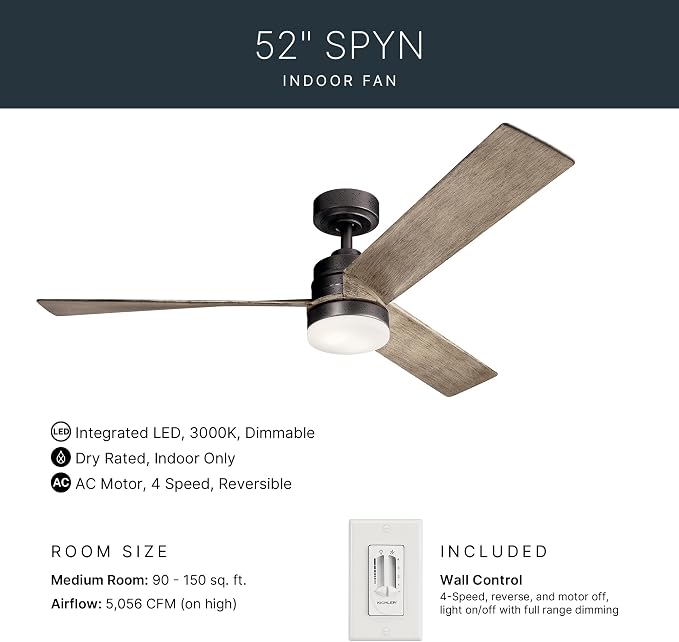 Kichler Spyn 52" Ceiling Fan with LED Lights in Anvil Iron, 3-Blade Contemporary Industrial Ceiling Fan, 3000K, Included Wall Control, (52" W x 14.5" H), 300275AVI