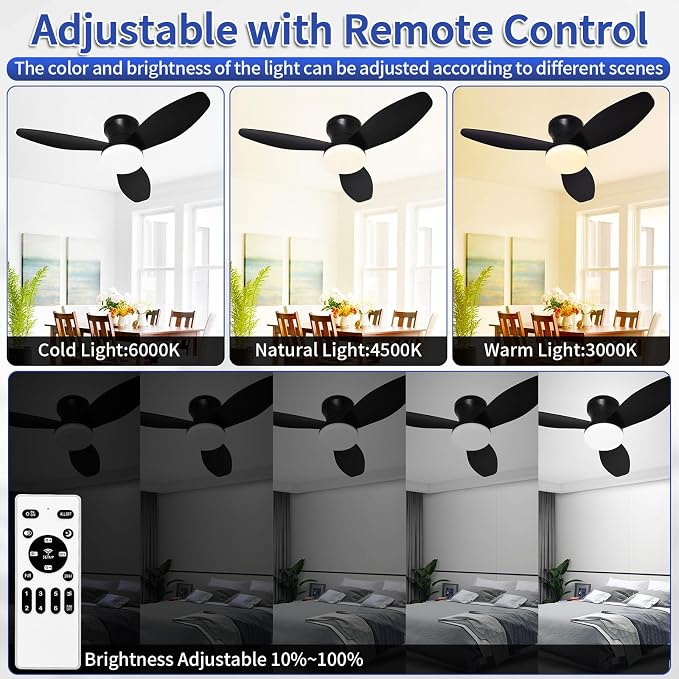 Small Ceiling Fan with Lights and Remote, 32 Inch Flush Mount, Small Quiet, DC Motor, Reversible Blades, 6 Wind Speeds, Dimmable LED, Adjustable Color Temperature, Timer
